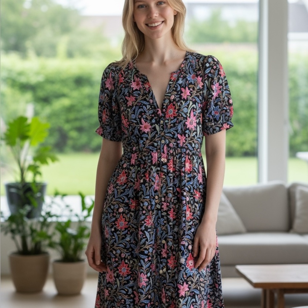 Loft Floral Short Sleeve Dress Small